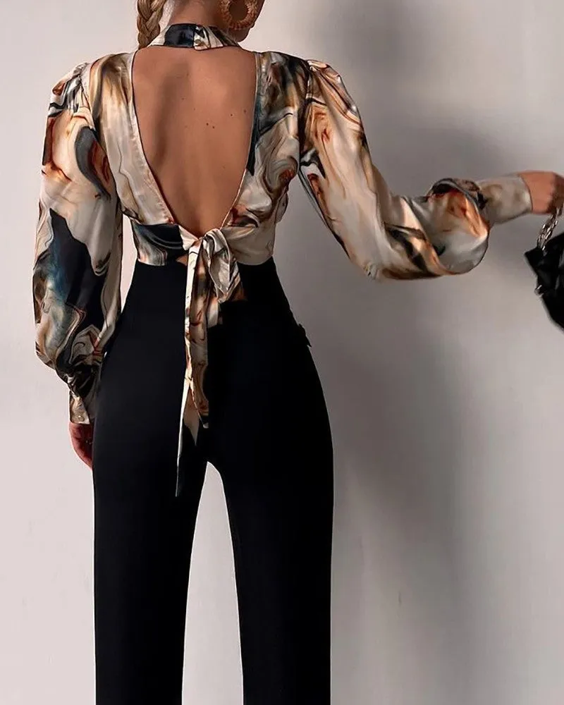 Abstract Print Lantern Sleeve Cutout Backless Top