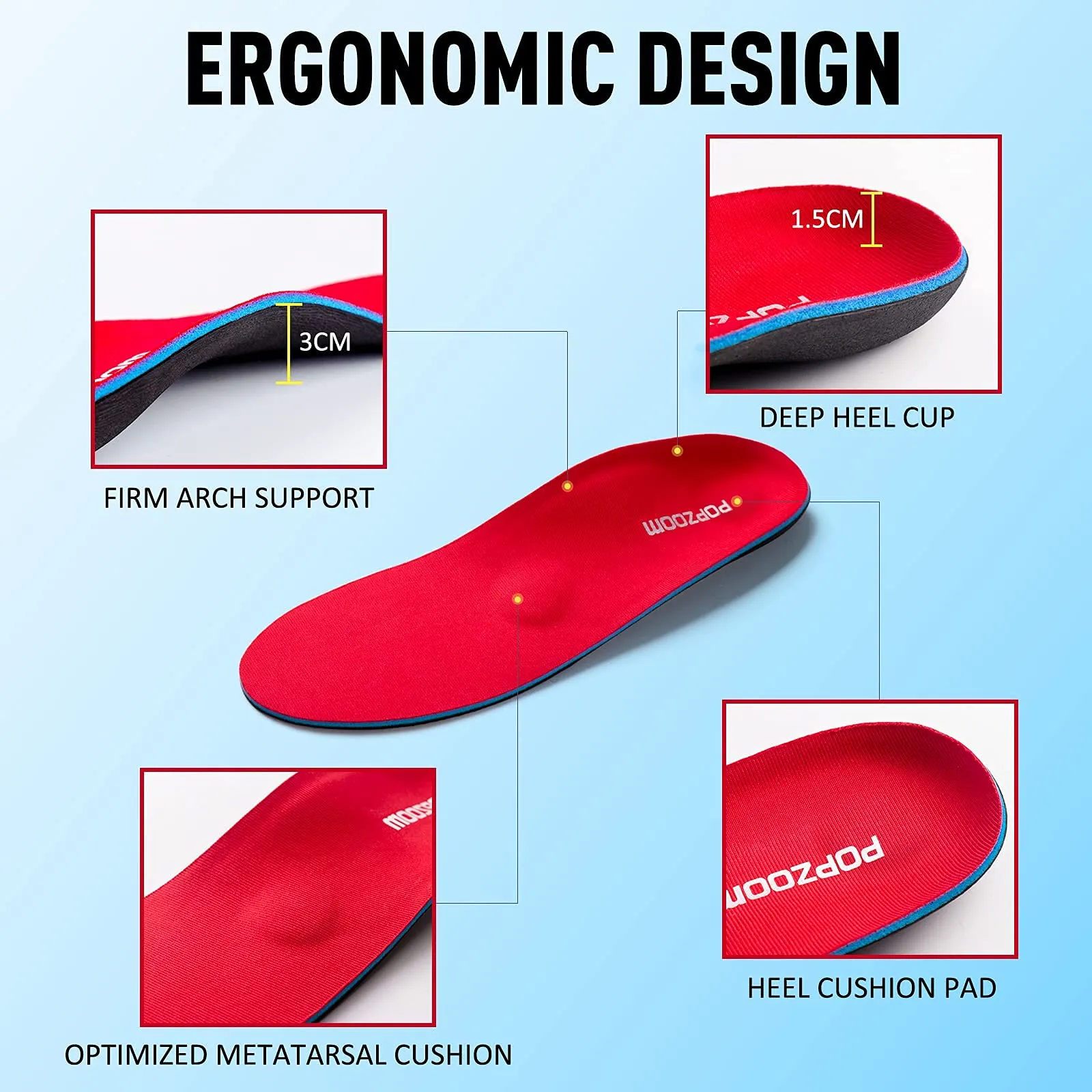 Arch Support Flat Feet Shoe Insoles for Men and Women // Comfort Orthotics Shoe Inserts Relieve Flat Foot, Plantar Fasciitis, Foot Pain, Heel Pain, Over Pronation, Fallen Arch/All-Day Support Red Women8-8.5 | Men6-6.5