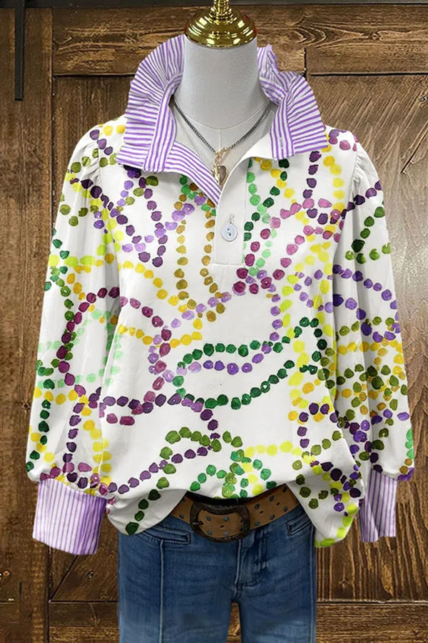 Chic Mardi Gras Print Puff Sleeve Blouse