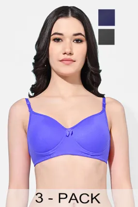 FIMS Fashion Women Cotton Blend Solid Padded Bra Pack of 3 Blue Navy Black