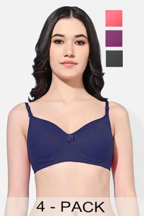 FIMS Fashion Women Cotton Blend Solid Padded Bra Pack of 4 Navy Orange Purple Black