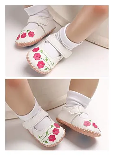 Infant Baby Girl's Handmade Soft PU Leather Non-Slip Princess Flats First Walkers, Pink Daisies