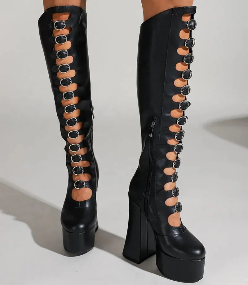 Trend4us Chunky High-Platform Cut-Out Knee-High Boots